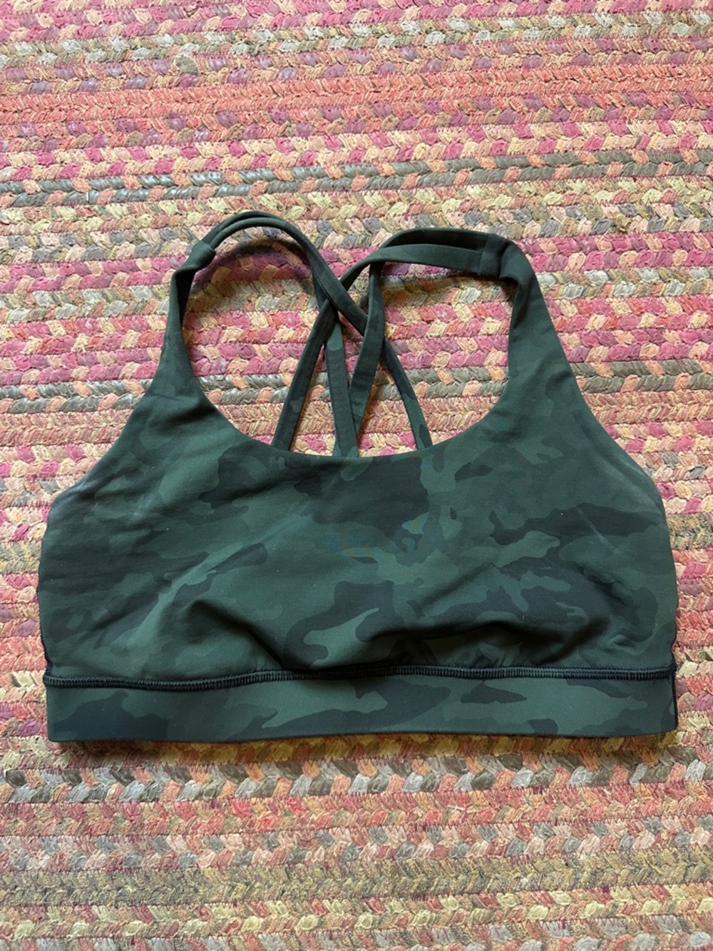 LULULEMON GREEN ARMY CAMO PRINT STRAPPY ENERGY SPORTS BRA